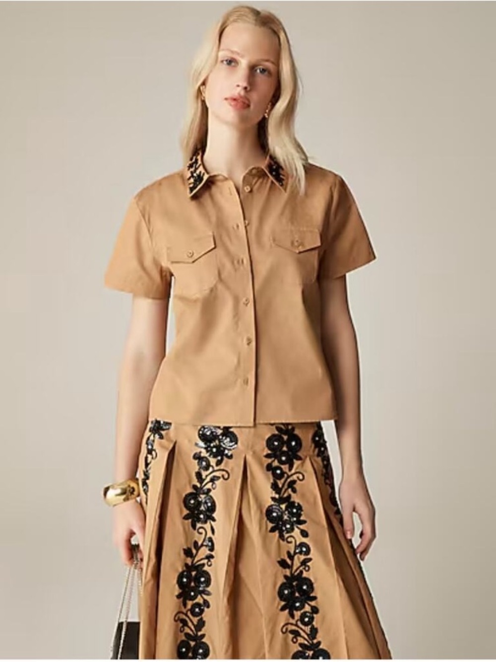J. Crew Collection cropped button-up shirt with floral sequins in Caramel size 4